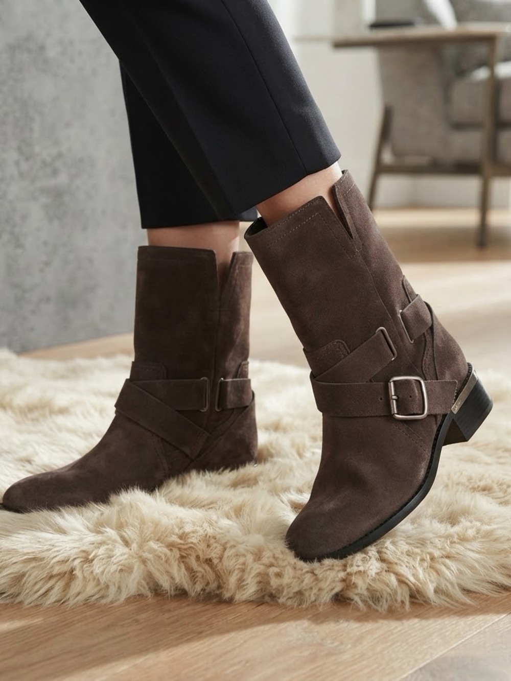 Vince Camuto Wethima Brown Suede Buckle Moto Mid Calf Boots Sz 6.5 M